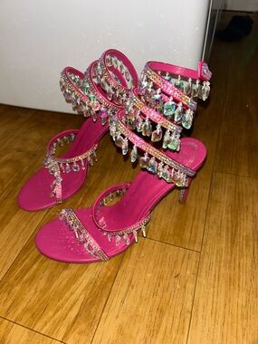 Rene Caovilla Hot Pink Crystal Fringe Strappy Heels